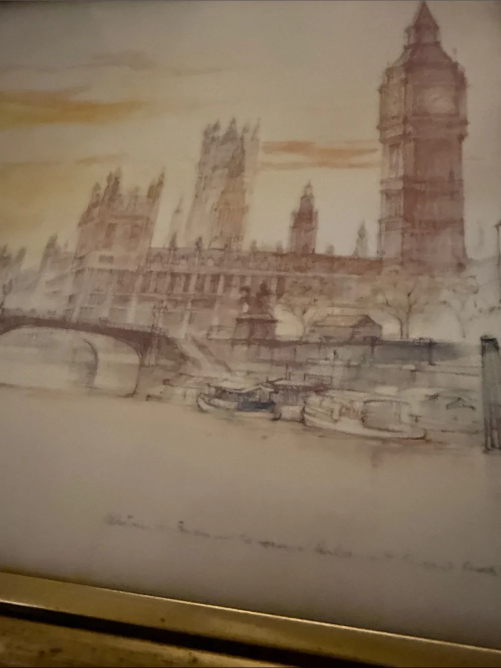 Vintage Water Color depicting the House of Parliament and Big Ben in London